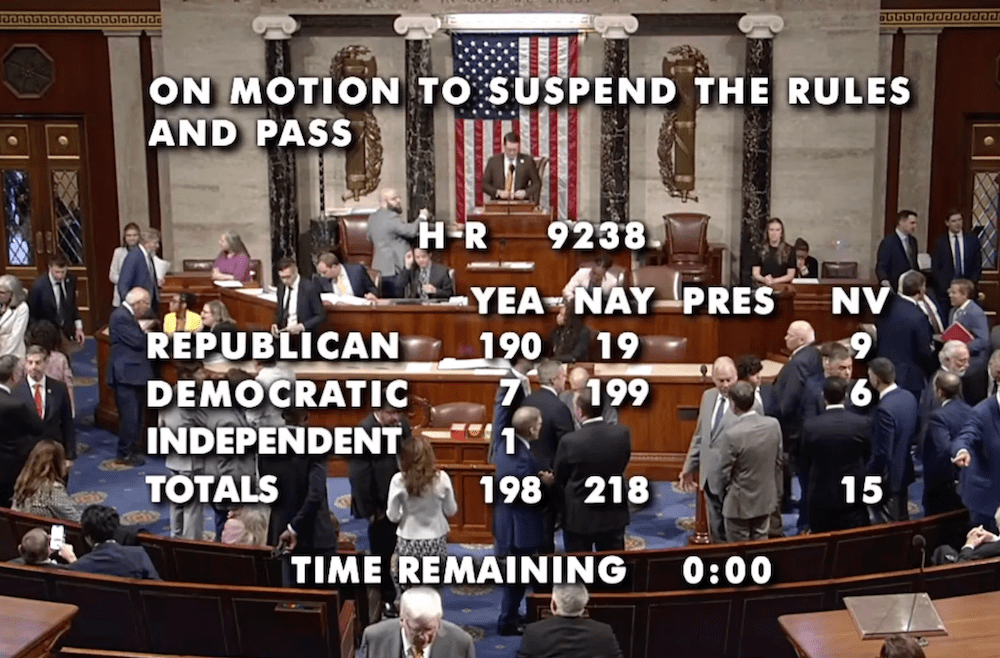 A screenshot of the results of the vote on HR 9238.  Republican: 190 Yay, 19 Nay, 9 NV.  Democratic: 7 Yea, 199 Nay, 9 NV.  Independent: 1 Yea.  Totals: 198 Yea, 218 Nay, 15 NV.